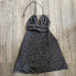 EXPRESS 100% Silk Black Gold White Speckled Halter Dress
